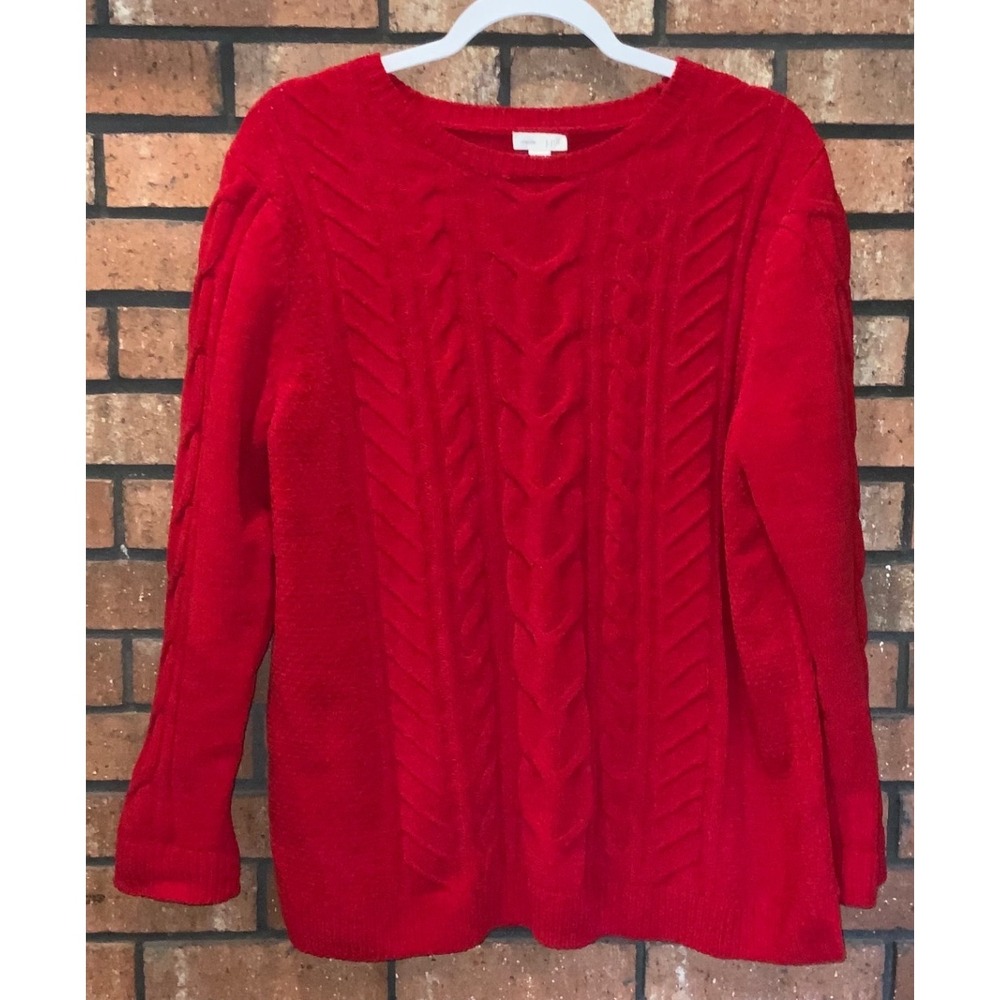 J. Jill Red Chenille Cable Knit Sweater Crew Neck Long Sleeve Womens Large